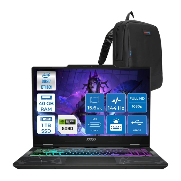 Msı Cyborg 15 Intel Core I7 13620H 40GB Ddr5 1tb SSD RTX5060 Gddr7 8gb Freedos 15.6" Fullhd (1920X1080) 144HZ IPS Taşınabilir Bilgisayar B13WFKG490XTRF18 + Zetta Çanta ürün görseli 1