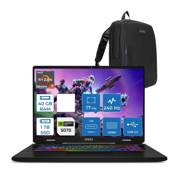 Msı Crosshair A17 Hx Amd Ryzen 7 8840HX 40GB Ddr5 1tb SSD 8GB/RTX5070/115W 16” Qhd+ (2560X1600) 240Hz IPS Freedos Taşınabilir Bilgisayar D8WGKGF14 + Zettaçanta ürün görseli 1