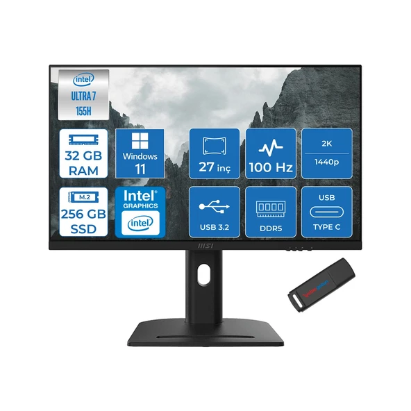 Msı Modern AM273QP Aı 1UM-241XTR Intel Core Ultra 7-155H 32GB Ddr5 256GB SSD Intel® Arc™ Graphics 100Hz 27 Inç 2k Wqhd 2560X1440 IPS WIN11PRO Siyah Allinone BILG.241XTRP06+ZETTAUSBBELLEK ürün görseli 1