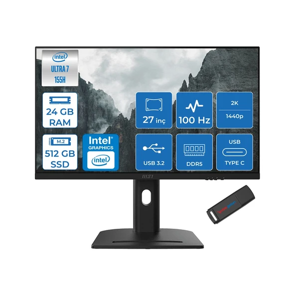 Msı Modern AM273QP Aı 1UM-241XTR Intel Core Ultra 7-155H 24GB Ddr5 512GB SSD Intel® Arc™ Graphics 100Hz 27 Inç 2k Wqhd 2560X1440 IPS Freedos Siyah Allinone BILG.241XTRF02+ZETTAUSBBELLEK ürün görseli 1