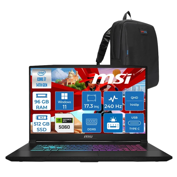 MSI Msı Katana 17 Hx Intel Core I7 14650HX 96GB Ddr5 512GB SSD Windows 11 Pro RTX5060 8gb Gddr7 115W 17 Inç 2k QHD(2560X1440) 240HZ Gaming Laptop B14WFK216XTRP37 + Zetta Çanta ürün görseli 1
