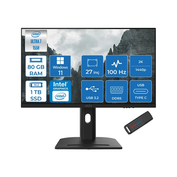 Msı Modern AM273QP Aı 1UM-241XTR Intel Core Ultra 7-155H 80GB Ddr5 1tb SSD Intel® Arc™ Graphics 100Hz 27 Inç 2k Wqhd 2560X1440 IPS WIN11PRO Siyah Allinone BILG.241XTRP23+ZETTAUSBBELLEK ürün görseli 1