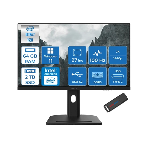 Msı Modern AM273QP Aı 1UM-241XTR Intel Core Ultra 7-155H 64GB Ddr5 2tb SSD Intel® Arc™ Graphics 100Hz 27 Inç 2k Wqhd 2560X1440 IPS WIN11HOME Siyah Allinone BILG.241XTRH19+ZETTAUSBBELLEK ürün görseli 1