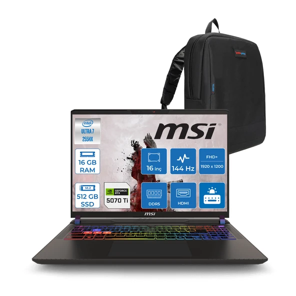 Msı Vector 16 Intel Core Ultra 7 255HX 16GB 512GB SSD RTX5070TI 12GB Tdp 140W Gddr7 Freedos 16" Fhd+ 144Hz Taşınabilir Bilgisayar A2XWHG091XTRF01 + Zetta Çanta ürün görseli 1