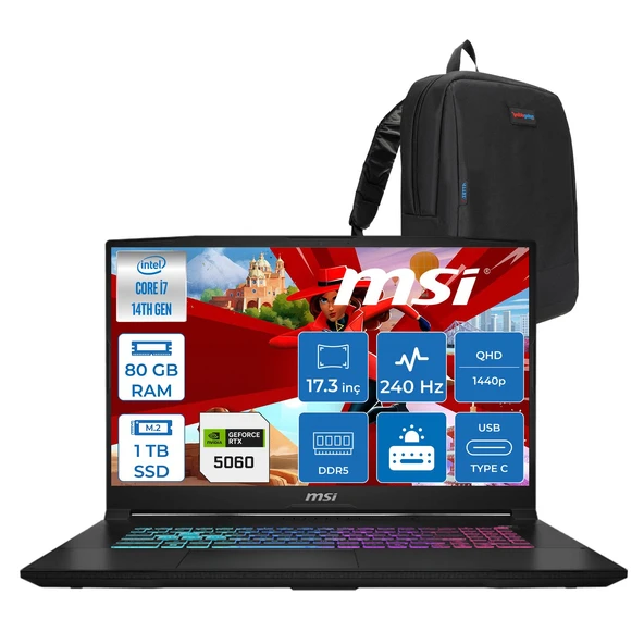 MSI Msı Katana 17 Hx Intel Core I7 14650HX 80GB Ddr5 1tb SSD Freedos RTX5060 8gb Gddr7 115W 17 Inç 2k QHD(2560X1440) 240HZ Gaming Laptop B14WFK216XTRF33 + Zetta Çanta ürün görseli 1