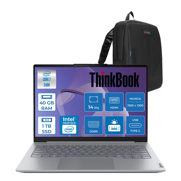 Thinkbook 14 G8 Irl Intel Core 7 240H 40GB Ddr5 1tb SSD Intel Graphics 14" Wuxga IPS 300NITS 60Hz Windows 11 Pro Taşınabilir Bilgisayar 21SG008LTXP14 + Zettaçanta ürün görseli 1