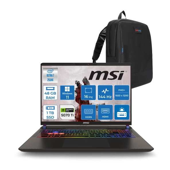 Msı Vector 16 Intel Core Ultra 7 255HX 48GB 1tb SSD RTX5070TI 12GB Tdp 140W Gddr7 Windows 11 Home 16" Fhd+ 144Hz Taşınabilir Bilgisayar A2XWHG091XTRH22 + Zetta Çanta ürün görseli 1