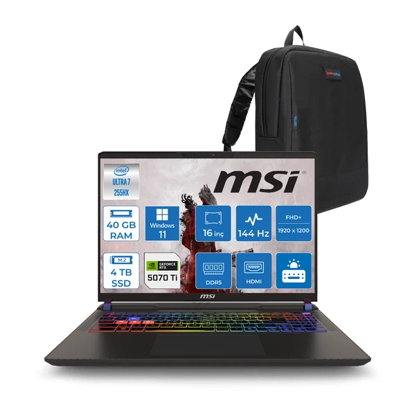 Msı Vector 16 Intel Core Ultra 7 255HX 40GB 4tb SSD RTX5070TI 12GB Tdp 140W Gddr7 Windows 11 Pro 16" Fhd+ 144Hz Taşınabilir Bilgisayar A2XWHG091XTRP19 + Zetta Çanta ürün görseli 1