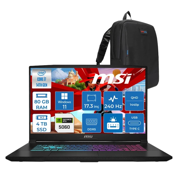 MSI Msı Katana 17 Hx Intel Core I7 14650HX 80GB Ddr5 4tb SSD Windows 11 Home RTX5060 8gb Gddr7 115W 17 Inç 2k QHD(2560X1440) 240HZ Gaming Laptop B14WFK216XTRH35 + Zetta Çanta ürün görseli 1