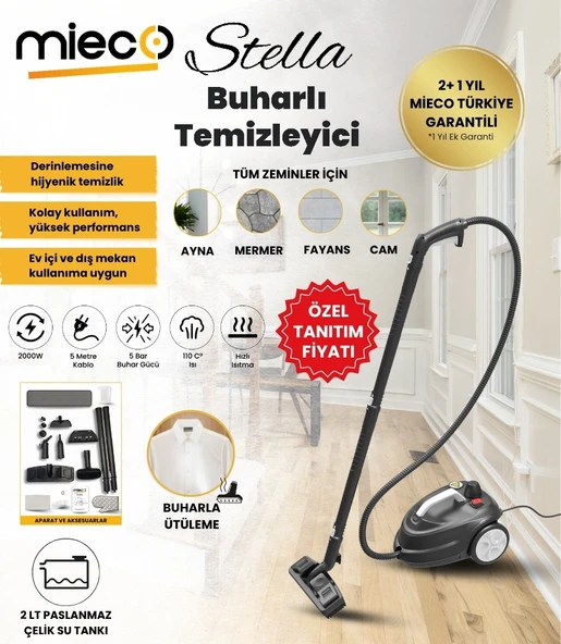 Mieco Stella 5 Bar/ 2000W / Çok Fonksiyonlu Buharlı Temizleyici - Buharlı Temizlik Makinesi + Ütü Başlığı ve Eldiven Hediye   - Siyah ürün görseli 1