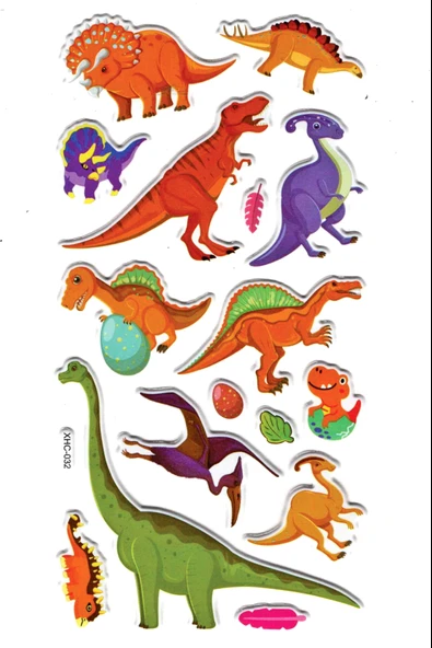 Sticker Kabartmalı Stiker Çıkartma Etiket (XHC032)-18x9 cm- Renkli Dinozor ürün görseli 1