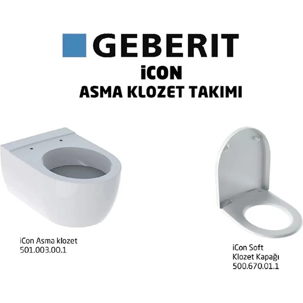 Geberit Icon Asma Klozet 53 cm (Gizli Montaj) – Icon Soft Klozet Kapak, Beyaz 501.003.00.1-500.670.01.1 ürün görseli 1