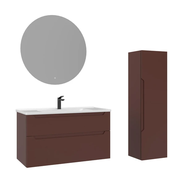 Orka Messina 100 cm Tuscan Kırmızı LED Banyo Dolabı Takımı ve Boy Dolabı ürün görseli 1