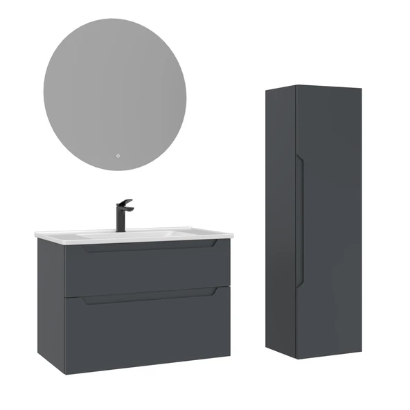 Orka Messina 85 cm Mat Antrasit LED Banyo Dolabı Takımı ve Boy Dolabı ürün görseli 1