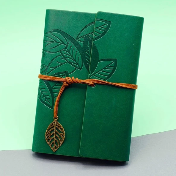 Yeşil Deri Kapaklı Yaprak Desenli Defter ürün görseli 1