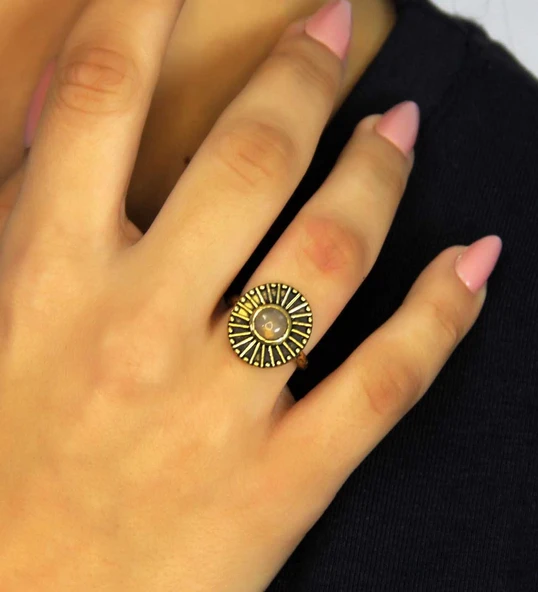 Doğal Taş Pembe Kuvars Yuvarlak Doğal Taşlı Antik Model Kadın Ayarlanabillir Yüzük euy70pk ürün görseli 1
