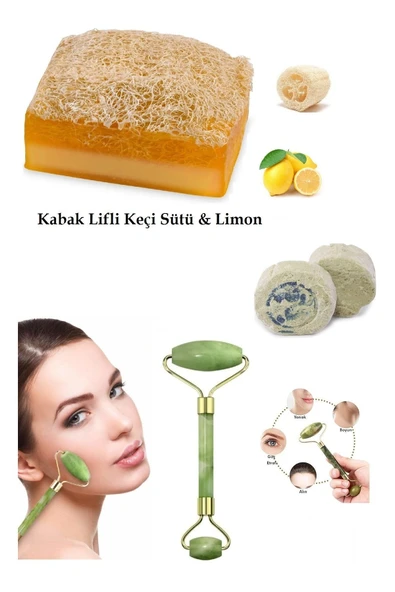 3'lü Set Kabak Lifli Sabun Keçi Sütü&Limon Çift Taraflı Yüz Masaj Aleti Peeling Sivilce Ruşur Taşı ürün görseli 1