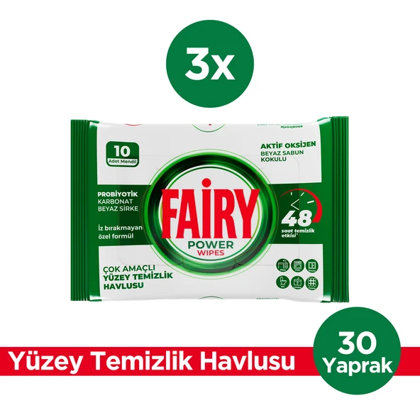 Fairy Yüzey Temizleme Mendili Beyaz Sabun 10 Yaprak 3 Adet | Beyaz Sirke Karbonat ürün görseli 1