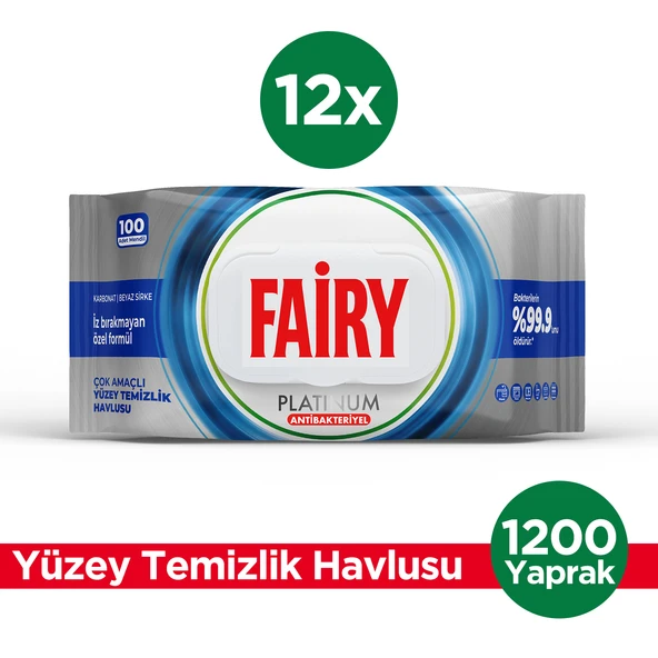 Fairy Platinum Antibakteriyel Yüzey Temizlik Havlusu 100 Yaprak 12 Adet | Beyaz Sirke & Karbonat ürün görseli 1