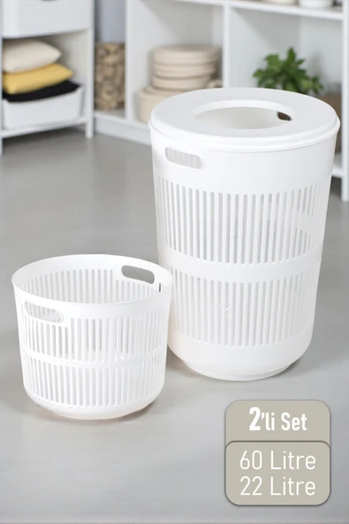 İronika Solara İkili Dekoratif Kirli Çamaşır Sepeti Seti Oyuncak Sepeti 60 - 22 Litre Beyaz ürün görseli 1
