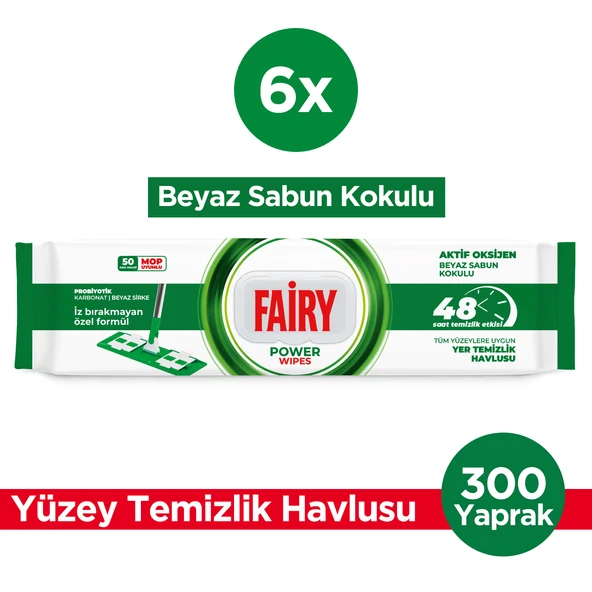 Fairy Power Wipes Mop Uyumlu Yer Temizlik Havlusu 50 Yaprak | Beyaz Sabun | 6 Adet ürün görseli 1