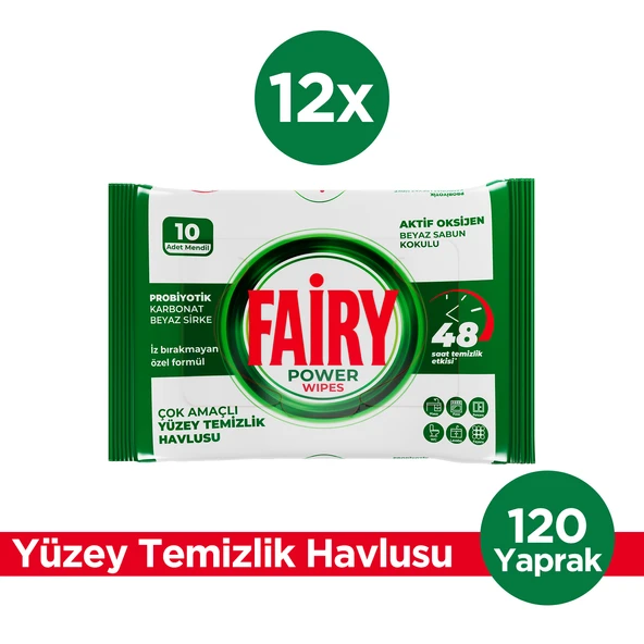 Fairy Yüzey Temizleme Mendili Beyaz Sabun 10 Yaprak 12 Adet | Beyaz Sirke Karbonat ürün görseli 1