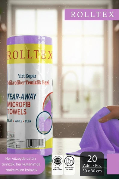 ROLLTEX MOR Yırt Kopar %100 Mikrofiber Temizlik Bezi 30x30cm 20'li Mor Renk ürün görseli 1