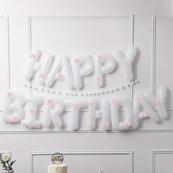 Pembe Kurdeleli Happy Bırthday Beyaz Folyo Balon Seti 33 Parça ürün görseli 1