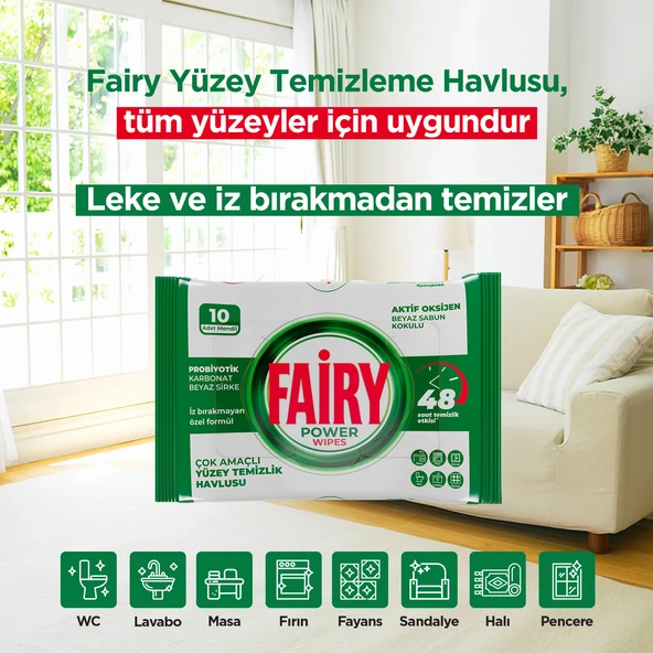 Fairy Yüzey Temizleme Mendili Beyaz Sabun 10 Yaprak 6 Adet | Beyaz Sirke Karbonat ürün görseli 1