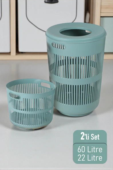 İronika Solara İkili Dekoratif Kirli Çamaşır Sepeti Seti Oyuncak Sepeti 60 - 22 Litre Yeşil ürün görseli 1