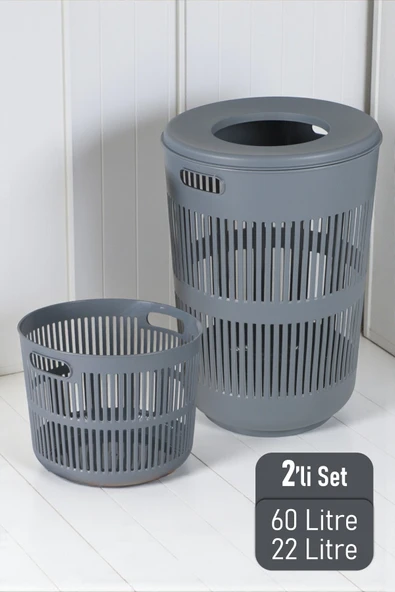 İronika Solara İkili Dekoratif Kirli Çamaşır Sepeti Seti Oyuncak Sepeti 60 - 22 Litre Gri ürün görseli 1