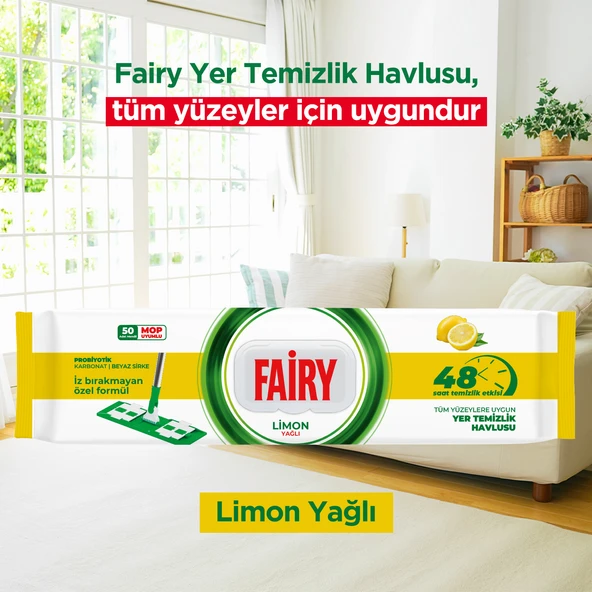 Fairy Power Wipes Mop Uyumlu Yer Temizlik Havlusu 50 Yaprak |Limon Yağlı | 3 Adet ürün görseli 1