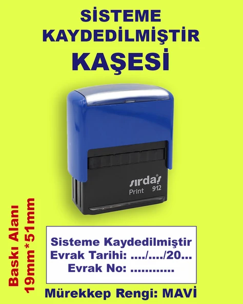 Sisteme Kaydedilmiştir Kaşesi, 912 (19mmx51mm) Mavi Keçeli Otomatik Kaşe ürün görseli 1