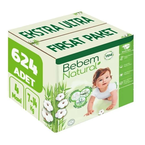 Bebem Bebek Bezi Natural 4 Beden 7-14 KG Maxi 624 Adet Ekstra Ultra Fırsat Pk ürün görseli 1