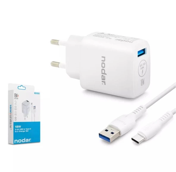Nodar Nd1010 Usb To Type-C Fast Şarj Seti Q.C 3.0 3.4A 18W Beyaz ürün görseli 1