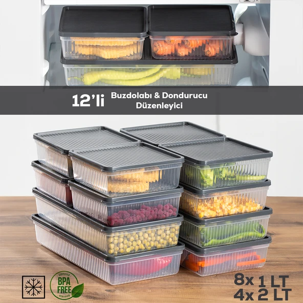 Porsima 1169 12li Nofrost Buzdolabı Saklama Kabı Organizer Antrasit ürün görseli 1