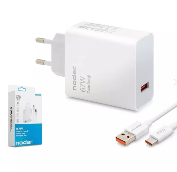 67W Turbo Fast Hızlı Şarj Seti, NODAR ND1008 USB to Type- C Adaptör ve Kablo , Beyaz ürün görseli 1