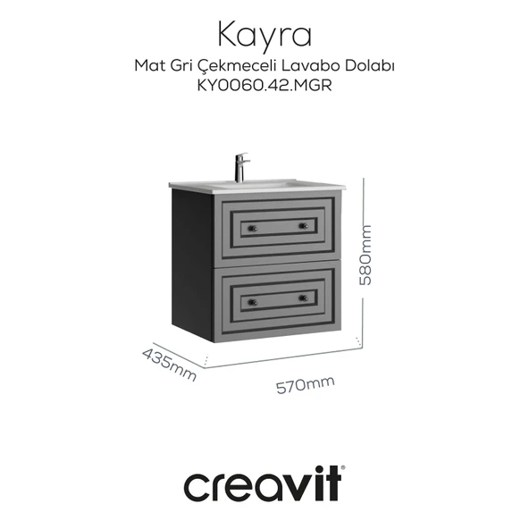 Kayra Lavabo Dolabı Çekmeceli 60cm Mat Gri ürün görseli 1