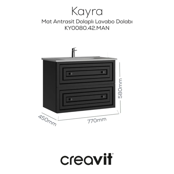Kayra Lavabo Dolabı Çekmeceli 80cm Mat Antrasit ürün görseli 1