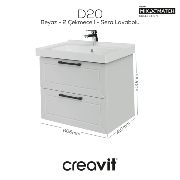 D20 65 Cm İki Çelmeceli Lavabo Dolabı Beyaz Lake Kapak ürün görseli 1