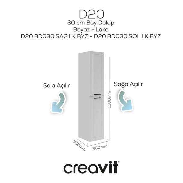 D20 30 Cm Sağa Açılır Boy Dolabı Beyaz Lake ürün görseli 1