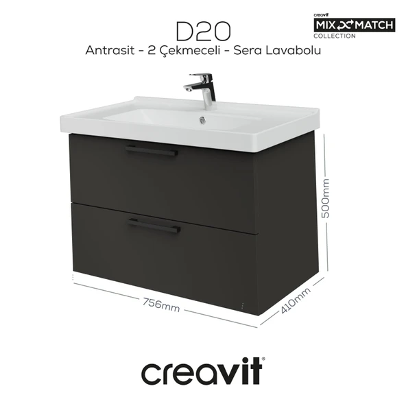 D20 80 Cm İki Çekmeceli Lav. Dlb. Antrasit Melamin ürün görseli 1