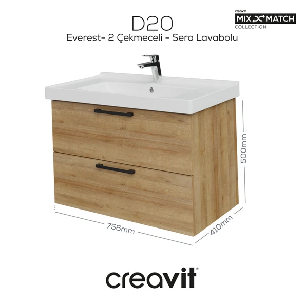 D20 80 Cm İki Çekmeceli Lavabo Dolabı Everest Melamin Kapak ürün görseli 1