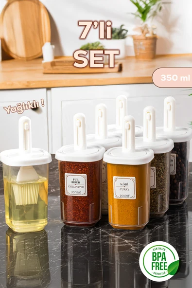 Porsima 4365 7li Kaydırmalı Kaşıklı Sızdırmaz Kapaklı Etiketli Baharatlık Seti - Saklama Kabı ürün görseli 1