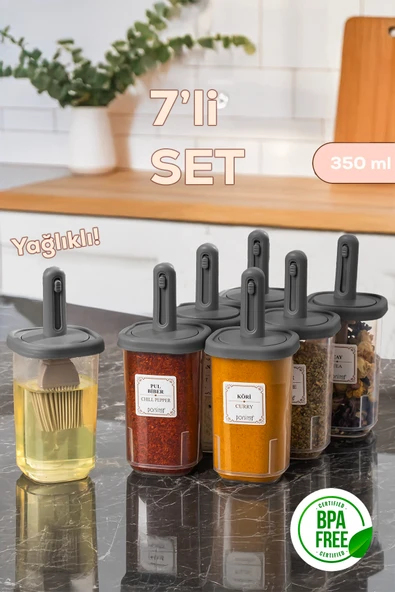 Porsima 4364 7li Kaydırmalı Kaşıklı Sızdırmaz Kapaklı Etiketli Baharatlık Seti - Saklama Kabı ürün görseli 1