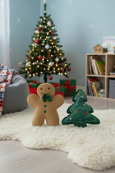 2’li Peluş Set – Kurabiye Adam ve Çam Ağacı Hediyelik Dekoratif Oyuncak Yastık ürün görseli 1