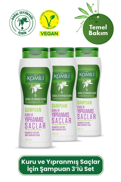 Komili Kuru ve Yıpranmış Saçlar İçin Vegan Temel Bakım Şampuanı 3'lü Set - 3 X 500 ML ürün görseli 1
