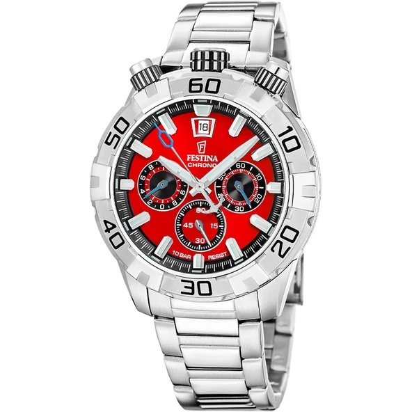 Festina F20743/5 Quartz Chrono Çelik Gri Kırmızı Kadran 10 ATM 45 mm Erkek Kol Saati ürün görseli 1