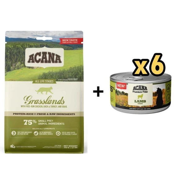 Acana Grasslands Ördekli ve Tavuklu Tahılsız Kedi Maması 1,8kg + 6 Adet Acana Premium Kuzulu Ezme Kedi Konservesi 85 gr ürün görseli 1