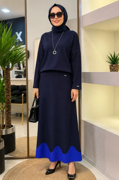 İnvee Etek Ucu Dalga Desenli Lacivert Rayon Triko Evaze Etek 6905 ürün görseli 1